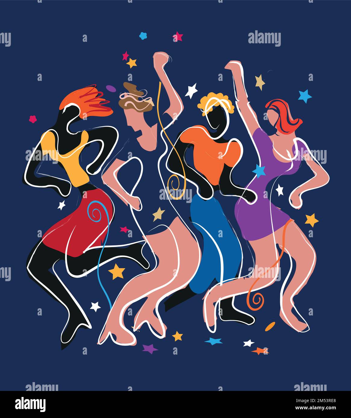 Festa dei giovani che ballano in discoteca, festa di Capodanno. Illustrazione colorata espressiva di persone che ballano animate su sfondo blu. Illustrazione Vettoriale
