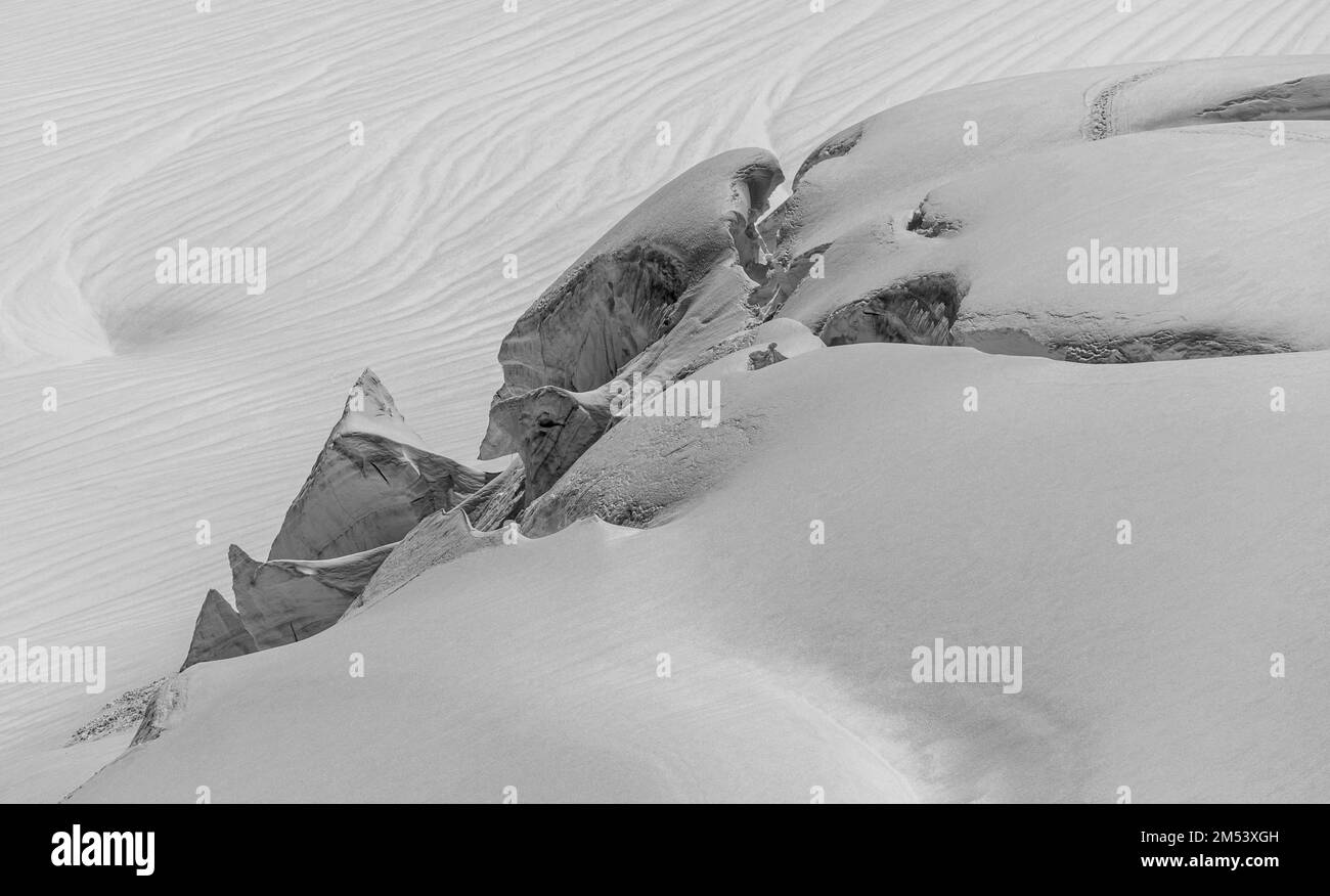 Una scala di grigi del grande ghiacciaio Aletsch a Jungfraujoch, Svizzera Foto Stock