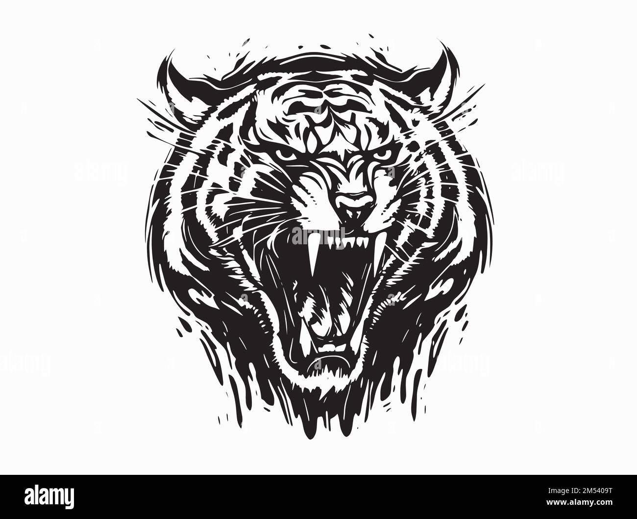 Il vettore feroce della tigre ruggisce l'inchiostro abstract spruzza sullo sfondo. Illustrazione Vettoriale