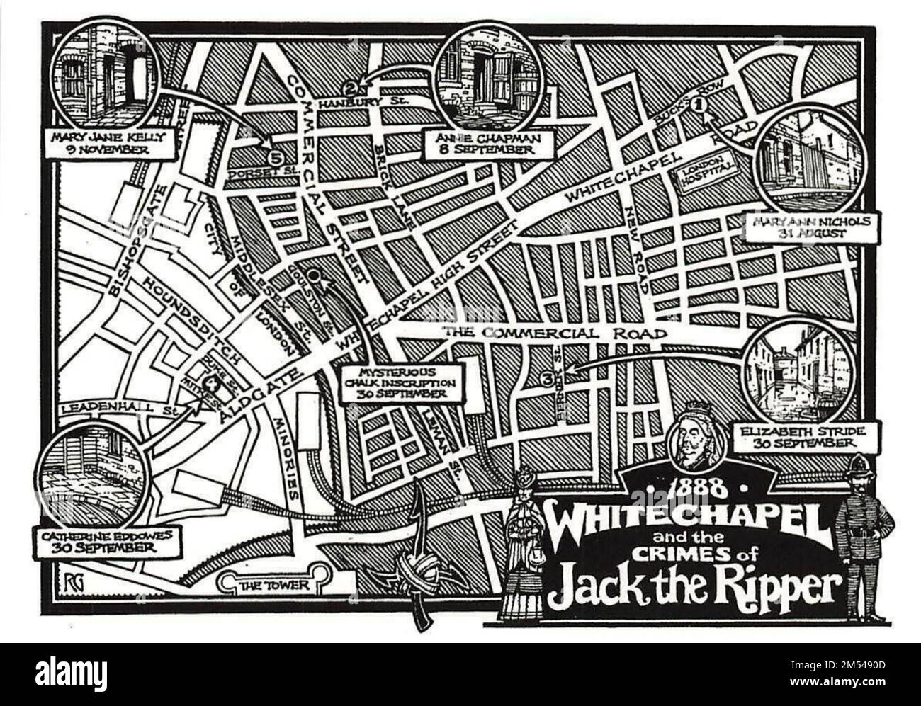 Riproduzione vintage di 1888 Whitechapel, Londra, raffigurante la mappa della localizzazione dei crimini di 'Jack lo Squartatore' Foto Stock