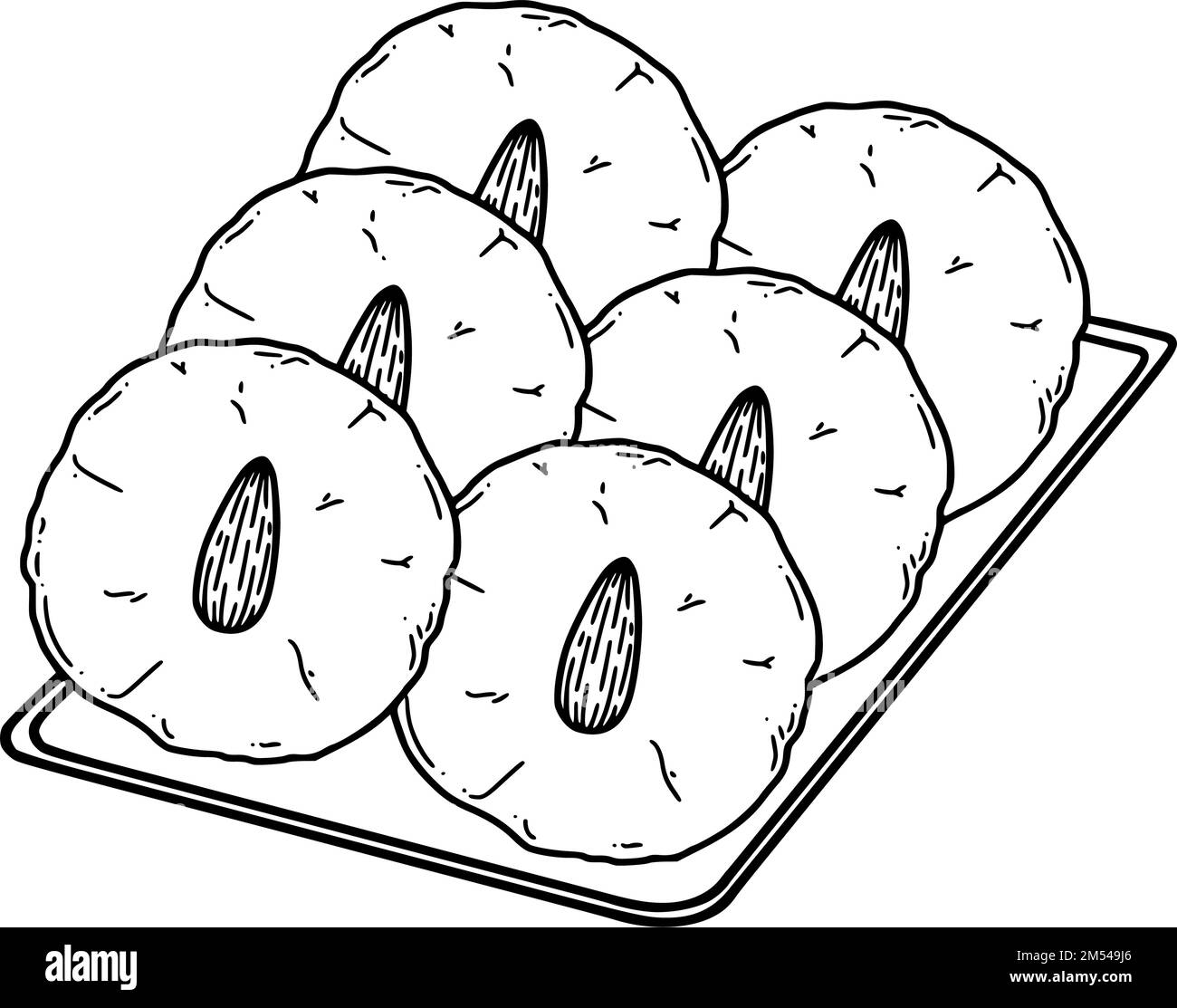 Illustrazione vettoriale dei biscotti cinesi alle mandorle. Dolce cinese di Capodanno biscotto alle mandorle in stile doodle. Illustrazione Vettoriale