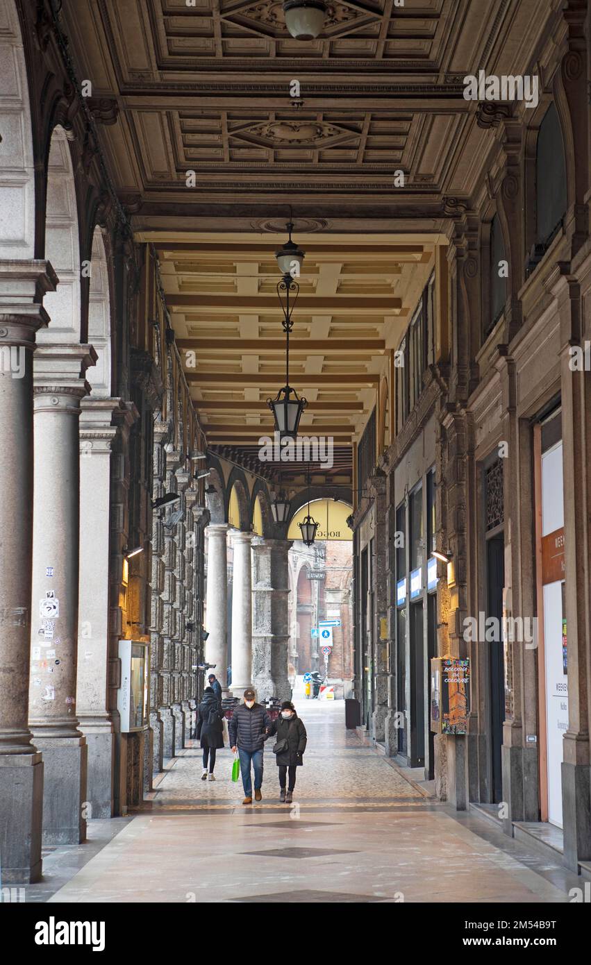 Portici di Bologna, Via Rizzoli, Bologna, Emilia Romagna, Italia Foto Stock