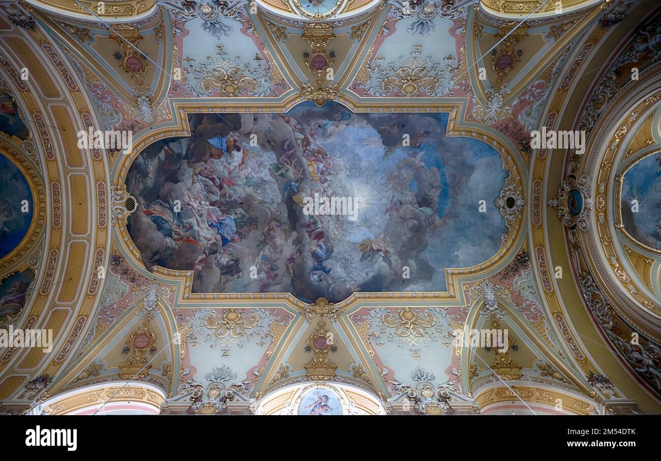 Vista interna, soffitto dipinto da Paolo Troger, Cattedrale dell'Assunzione della Beata Vergine Maria e San Cassiano, Cattedrale di Bressanone, Bressanone Foto Stock