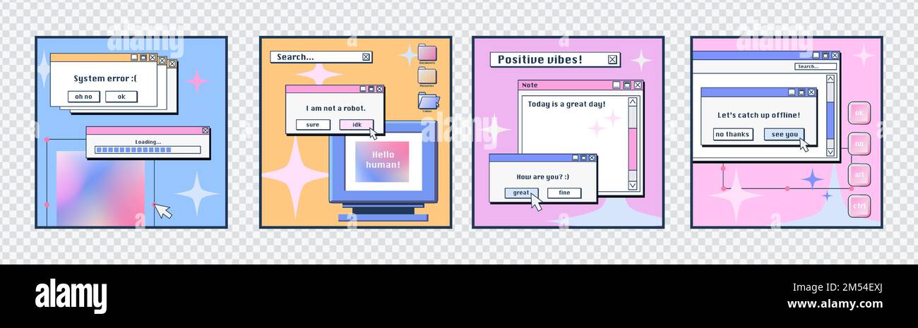 Modello di poster sui social media con interfaccia computer desktop retrò con cornici dei messaggi, barre di caricamento, pulsanti e cartelle. Vecchi layout dello schermo del pc, set di cartoni animati vettoriali Illustrazione Vettoriale
