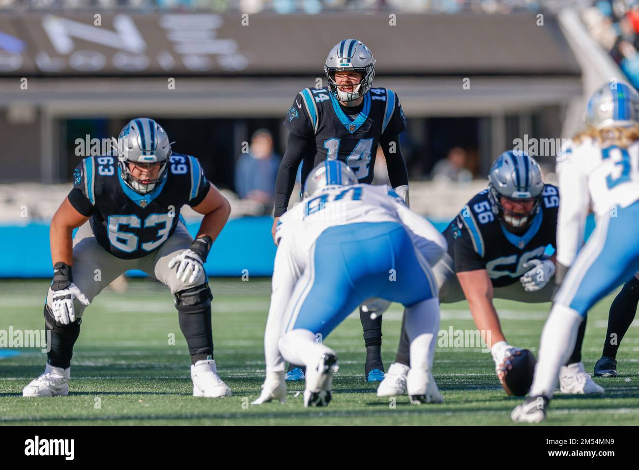 Charlotte, NC USA; il quartback Sam Darnold (14) di Carolina Panthers si prepara per lo scatto durante una partita NFL contro i Detroit Lions alla Bank of America Foto Stock