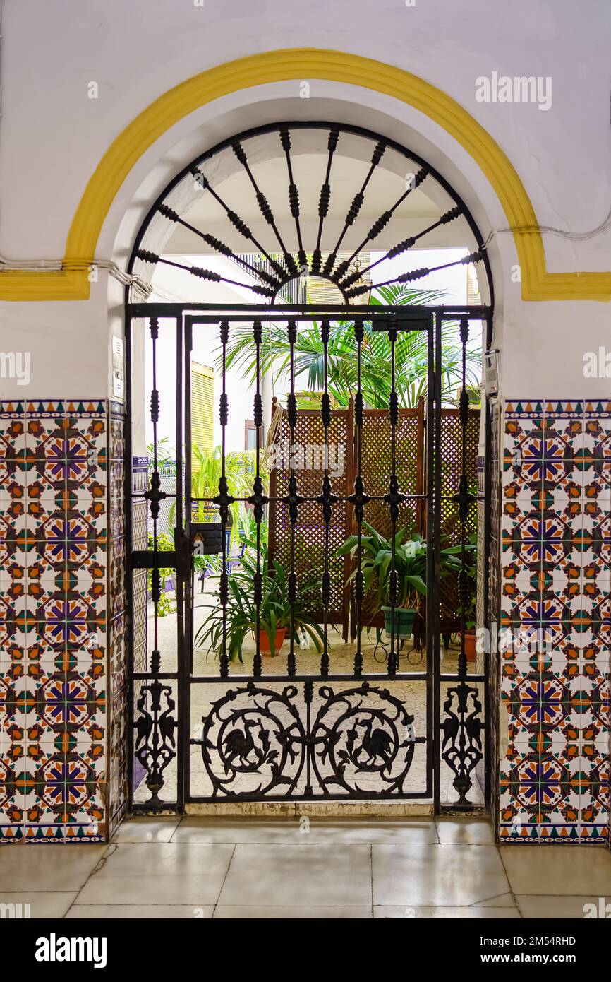 Tipico patio andaluso con le sue piante verdi in pentole, porte in metallo alla griglia e piastrelle colorate, Ecija, Siviglia. Foto Stock