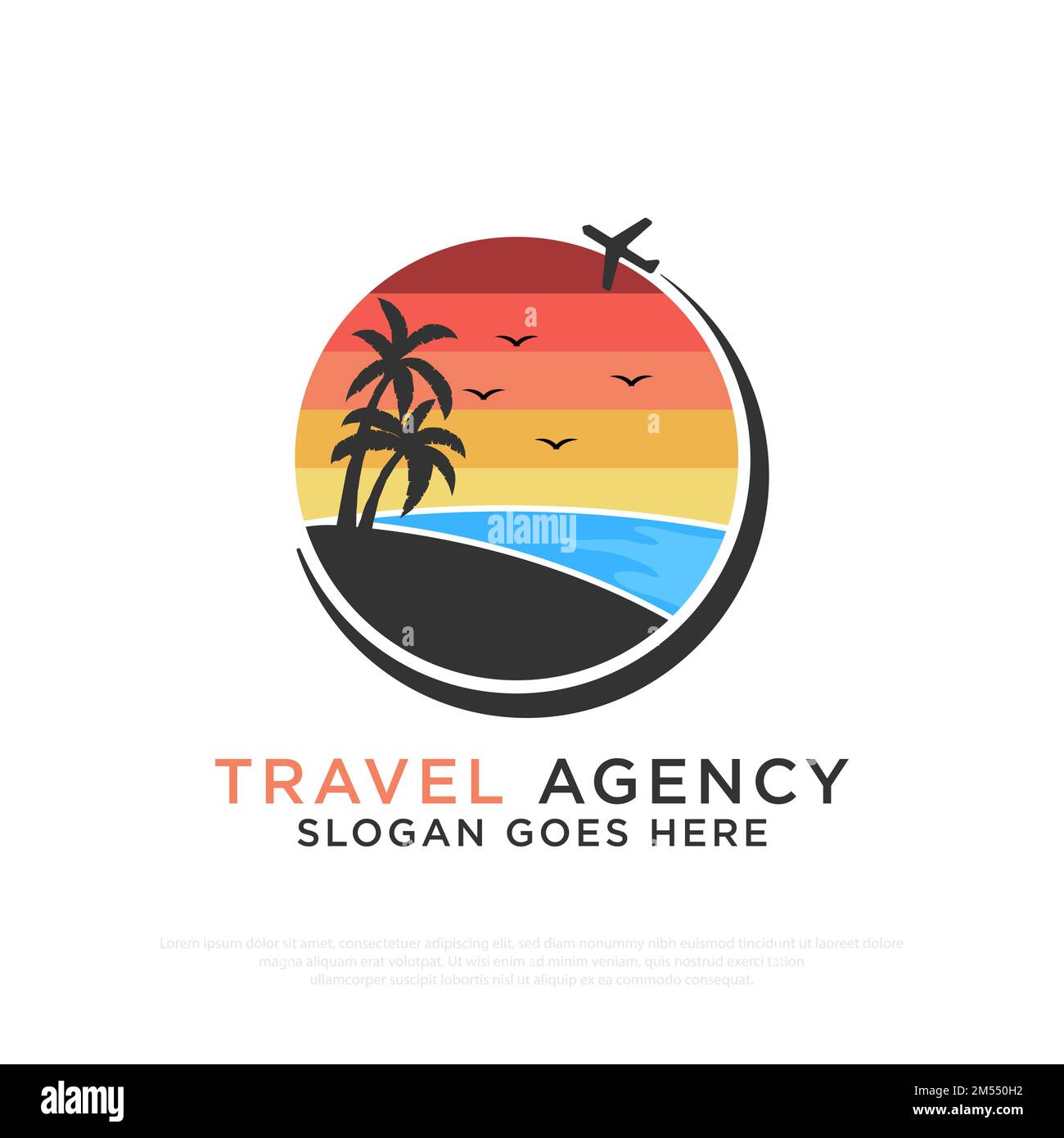 Design del logo Nature Beach Travel Agency con modello di illustrazione vettoriale Sunset Beach Outdoor Illustrazione Vettoriale