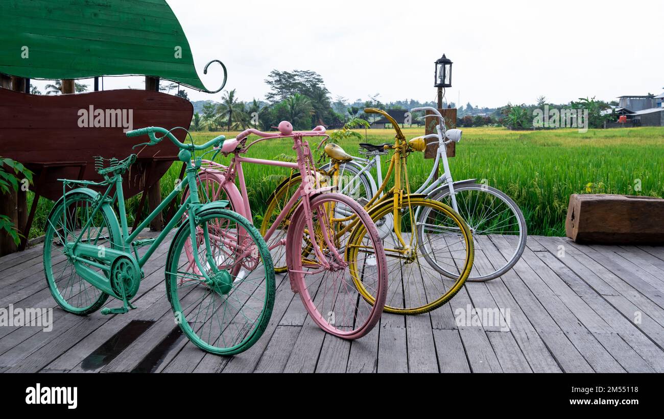 Vecchia bicicletta d'epoca colorata con un bellissimo sfondo verde campo di riso Foto Stock