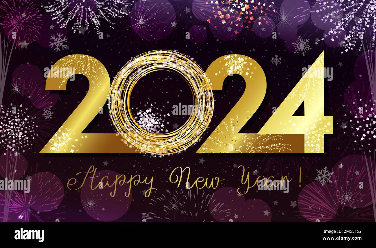 2024 Un felice anno nuovo bello biglietto di auguri design. Oro lucido numero 20 24. Grafica