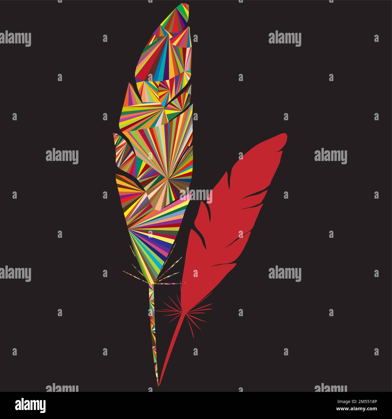Abstract logo in piuma con coloratissime forme di triangolo e sfondo nero,vettore Illustrazione Vettoriale
