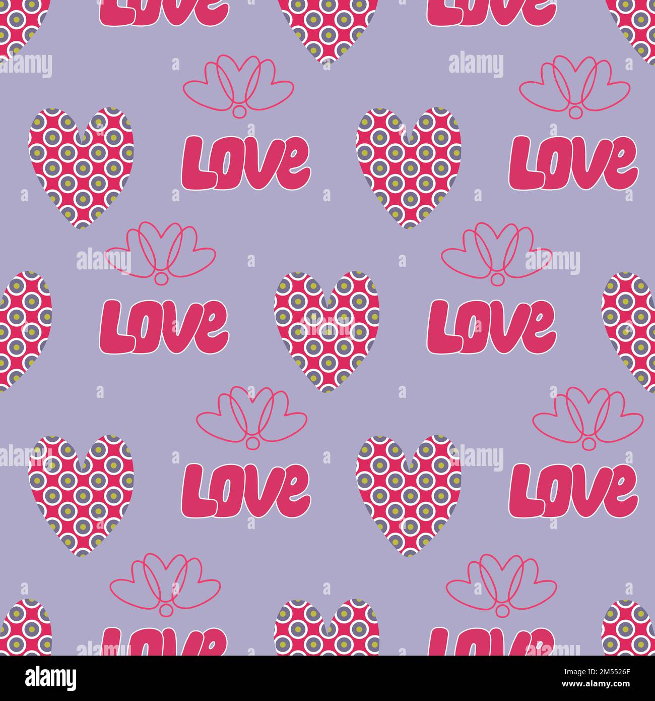 Modello d'amore con cuori disegnati a mano e PAROLE SCRITTE a mano AMORE. Illustrazione Vettoriale