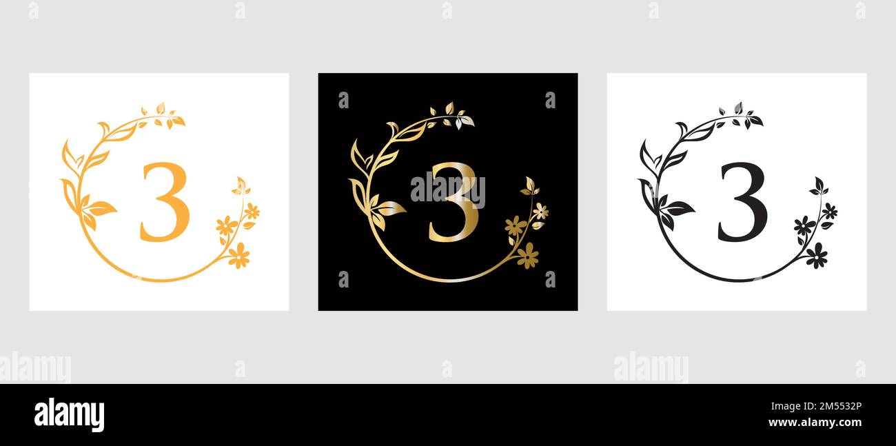 Lettera 3 Beauty Logo per decorazione, fiore, modello Spa Illustrazione Vettoriale