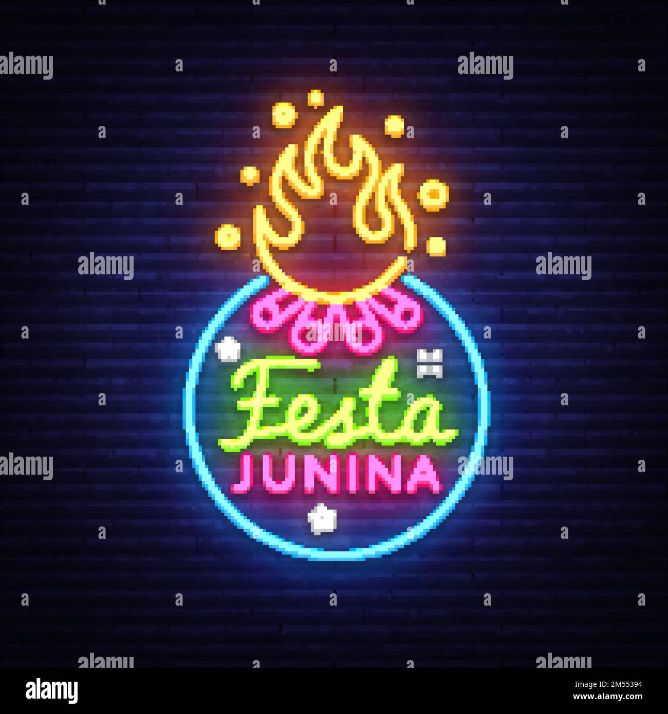 Festa Junina Festive Vector Illustration. Modello di design in stile neon, moderno design di tendenza. Festa latinoamericana, festa brasiliana di giugno, iscrizione Illustrazione Vettoriale