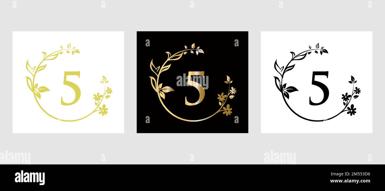 Lettera 5 Beauty Logo per decorazione, fiore, modello Spa Illustrazione Vettoriale