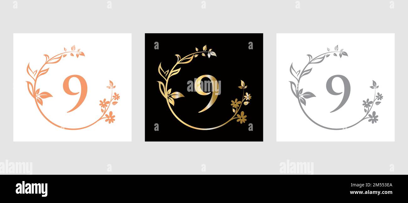 Lettera 9 Beauty Logo per decorazione, fiore, modello Spa Illustrazione Vettoriale
