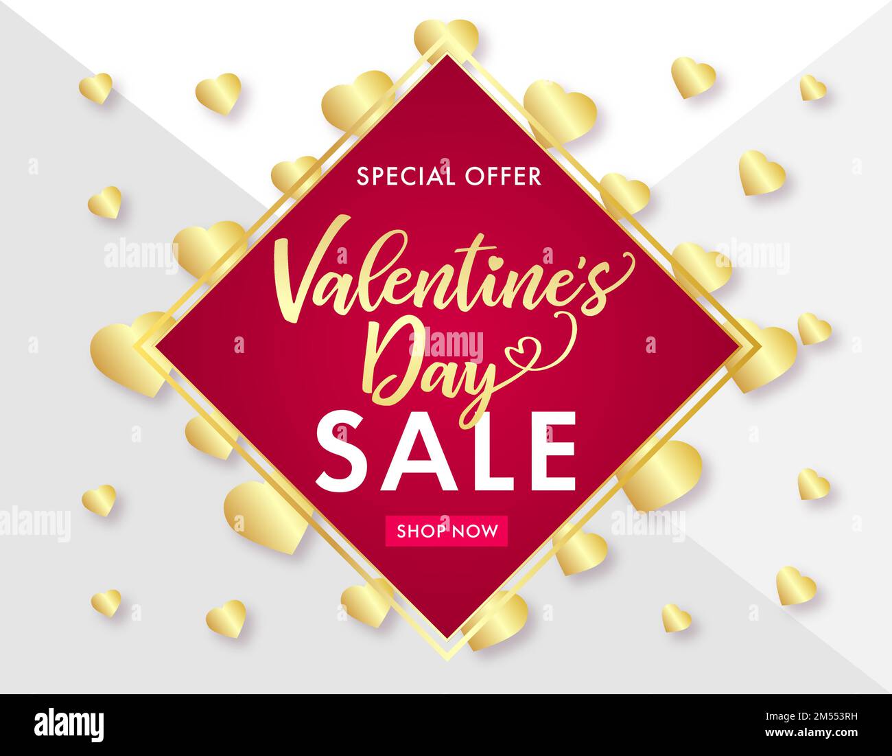 Design della pubblicità di San Valentino. Modello di verifica creativa. Offerta speciale banner pubblicitario. Stile geometrico. Illustrazione Vettoriale