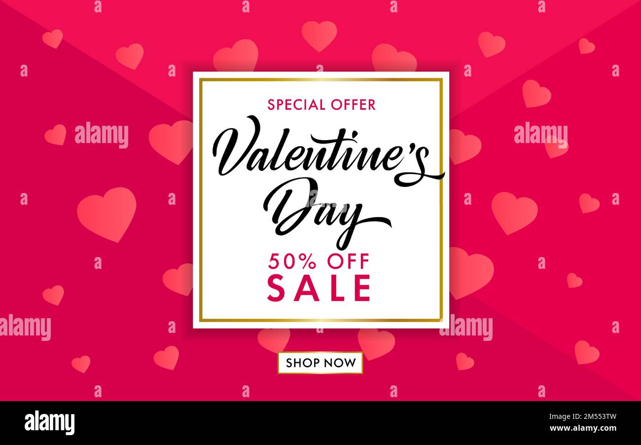 Design della pubblicità di San Valentino. Modello di verifica creativa. Offerta speciale banner pubblicitario. Stile geometrico. Illustrazione Vettoriale