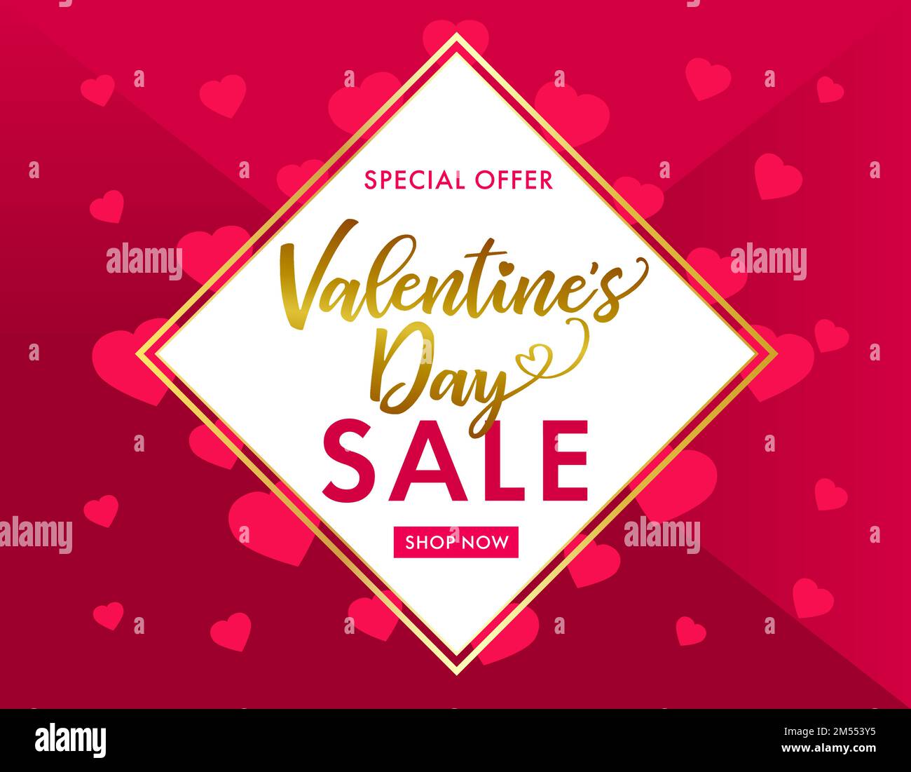 Design della pubblicità di San Valentino. Modello di verifica creativa. Offerta speciale banner pubblicitario. Stile geometrico. Illustrazione Vettoriale