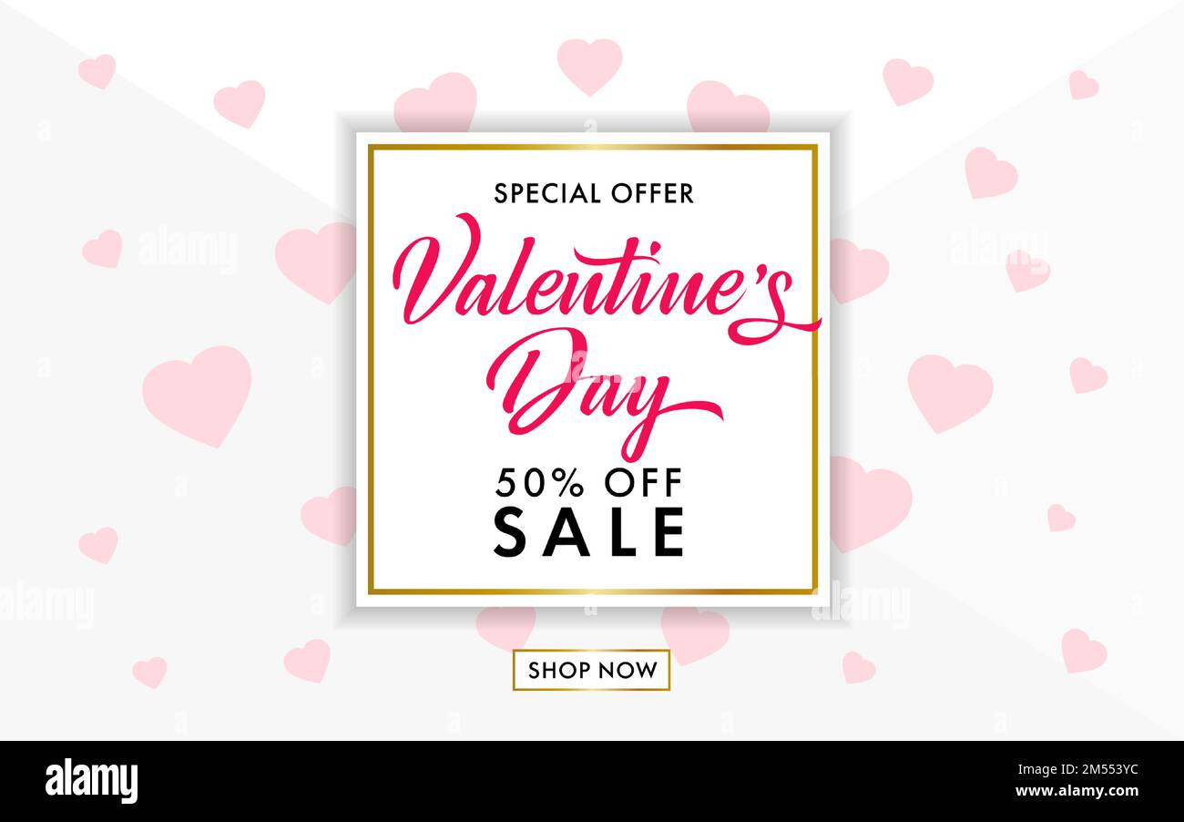 Design della pubblicità di San Valentino. Modello di verifica creativa. Offerta speciale banner pubblicitario. Stile geometrico. Illustrazione Vettoriale