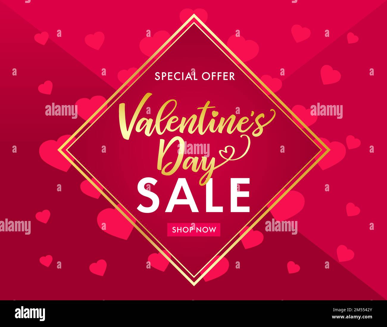 Design della pubblicità di San Valentino. Modello di verifica creativa. Offerta speciale banner pubblicitario. Stile geometrico. Illustrazione Vettoriale