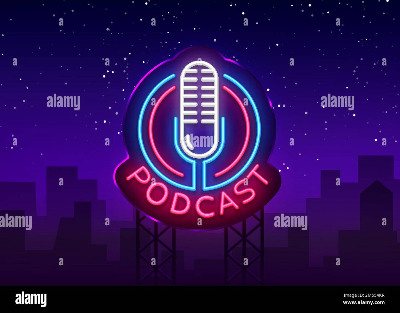 Podcast Neon segno modello di disegno vettoriale. Podcast neon logo, banner chiaro elemento design colorato moderno trend design, notte luminosa pubblicità, brigh Illustrazione Vettoriale