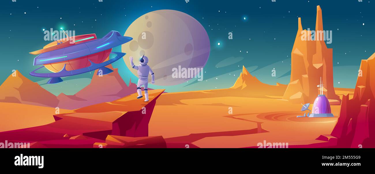 Astronauta sul pianeta alieno che agita la mano all'astronave. Cosmonaut in tuta e casco in lontana galassia esplorare spazio esterno saluto UFO. Spaceman sulla stazione, colonizzazione cosmo. Illustrazione del vettore cartoon Illustrazione Vettoriale