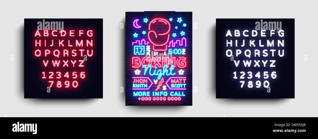 Poster di boxe vettore neon. Modello di design notturno di boxe, brochure al neon brillante, design moderno, banner luminoso, invito tipografico alla boxe Illustrazione Vettoriale