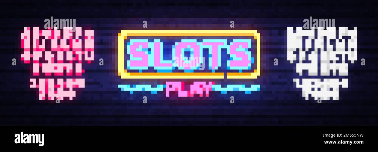 Slot Play vettore neon segno. Slot Machine Design modello neon segno, banner luminoso, neon cartello, pubblicità notturna luminosa, iscrizione leggera. Vect Illustrazione Vettoriale