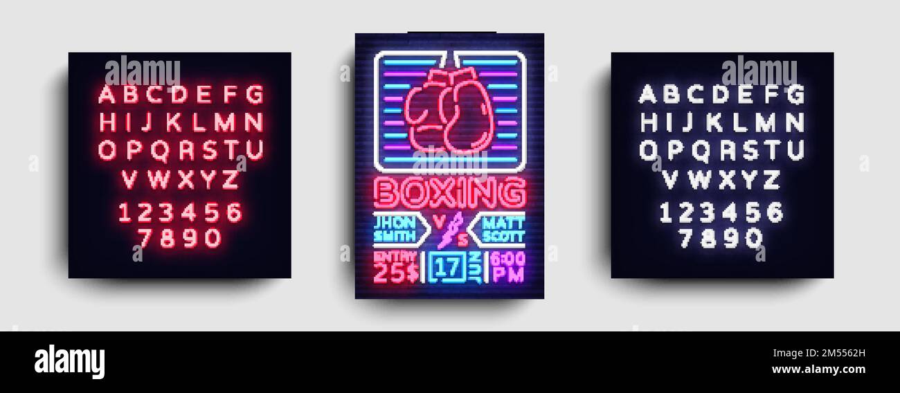 Poster di boxe vettore neon. Modello di design notturno di boxe, brochure al neon brillante, design moderno, banner luminoso, invito tipografico alla boxe Illustrazione Vettoriale