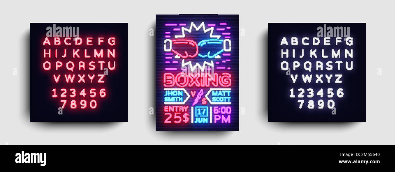 Modello di design del volantino di boxe. Boxing notte Light Banner, Design Boxing Match invito, Neon Style, Bright Brochure, Tipografia, Bright Neon Advertis Illustrazione Vettoriale