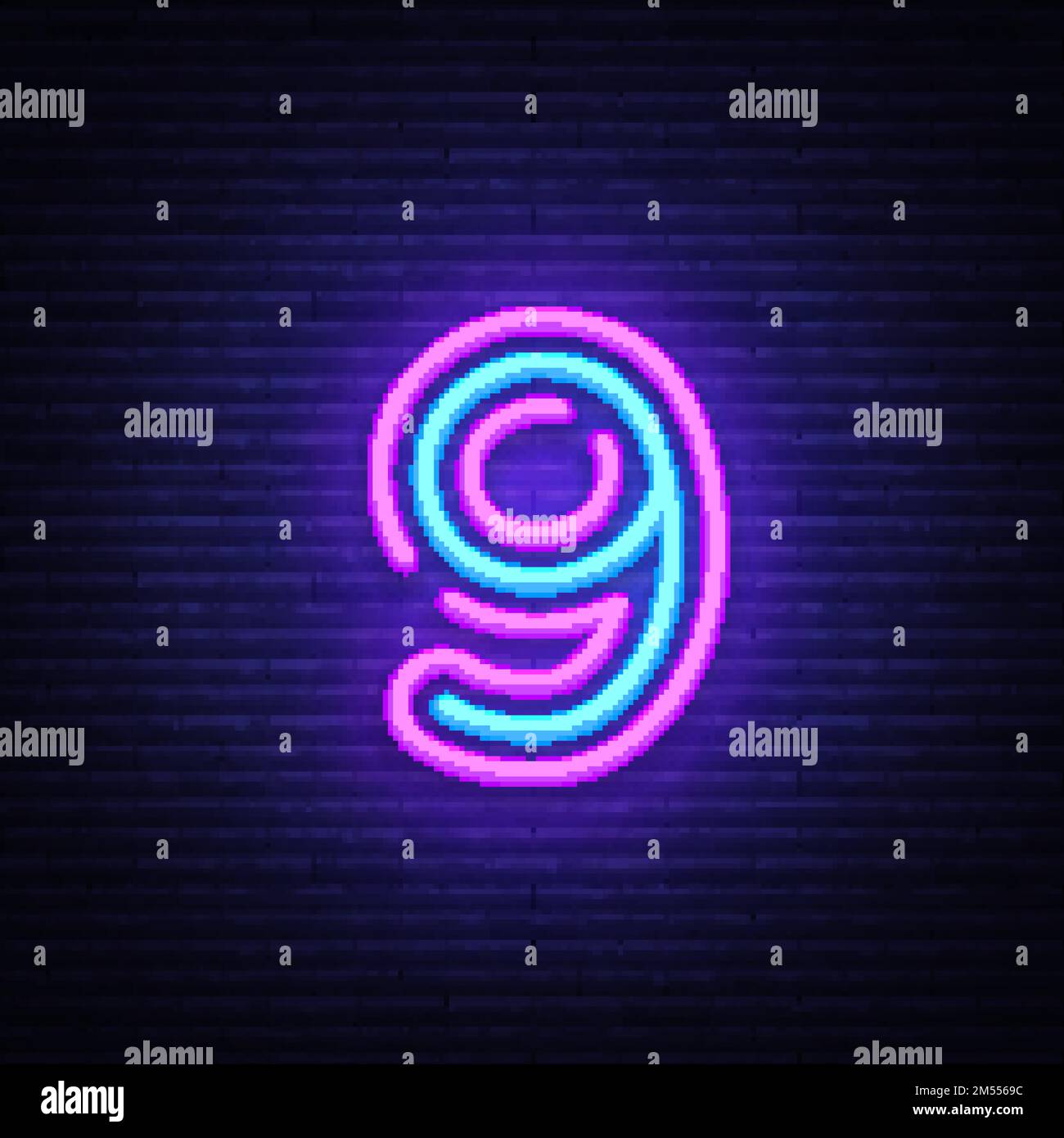 Numero nove simbolo vettore di segno neon. Nono, numero nove modello neon icona, banner luce, neon cartello, pubblicità notturna luminosa, iscrizione luce Illustrazione Vettoriale