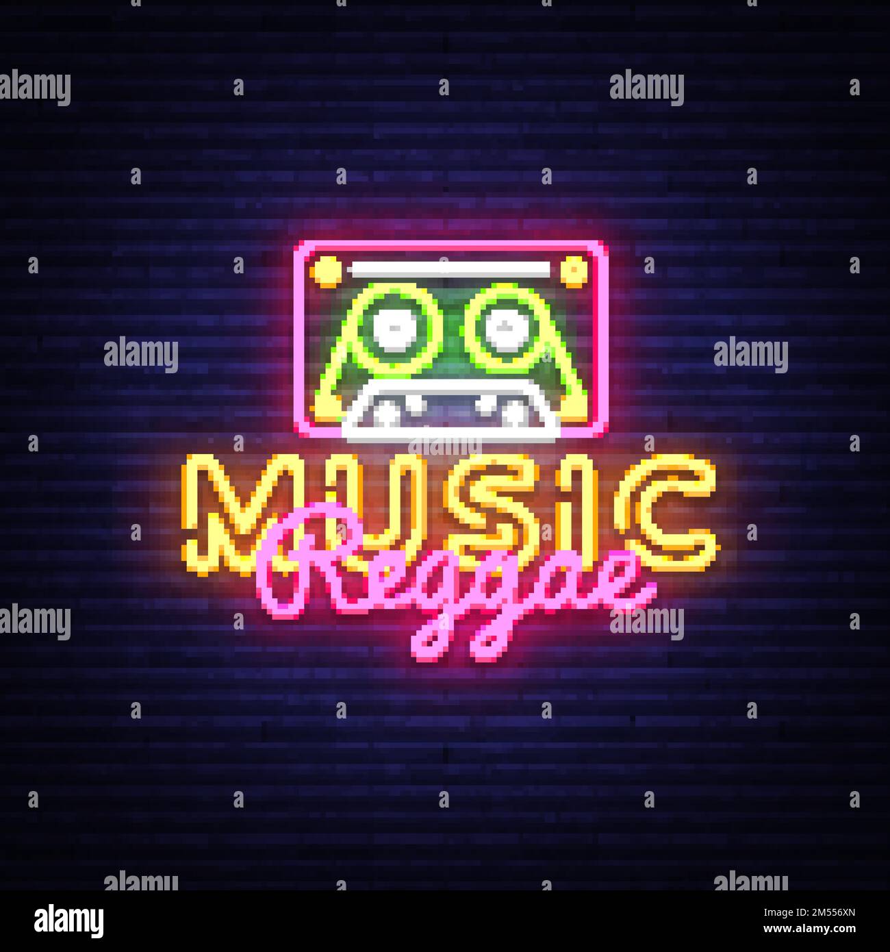 Reggae Music neon segno vettore. Reggae Design modello neon segno, banner luce estiva, neon cartello, pubblicità notturna luminosa, iscrizione luce. V Illustrazione Vettoriale