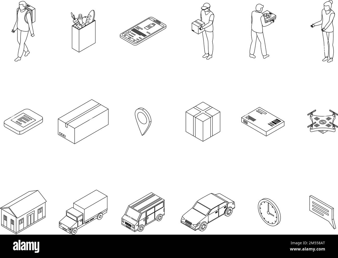 Icone di consegna a domicilio impostate. Set isometrico di icone vettoriali per il web design isolato su sfondo bianco Illustrazione Vettoriale