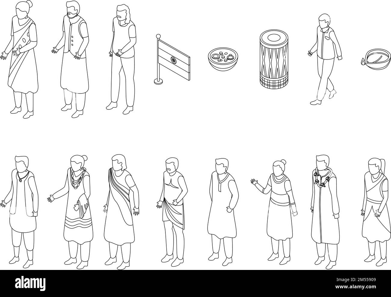 Icone indiani set. Serie isometrica di icone vettoriali indiani per il web design isolato su sfondo bianco contorno Illustrazione Vettoriale