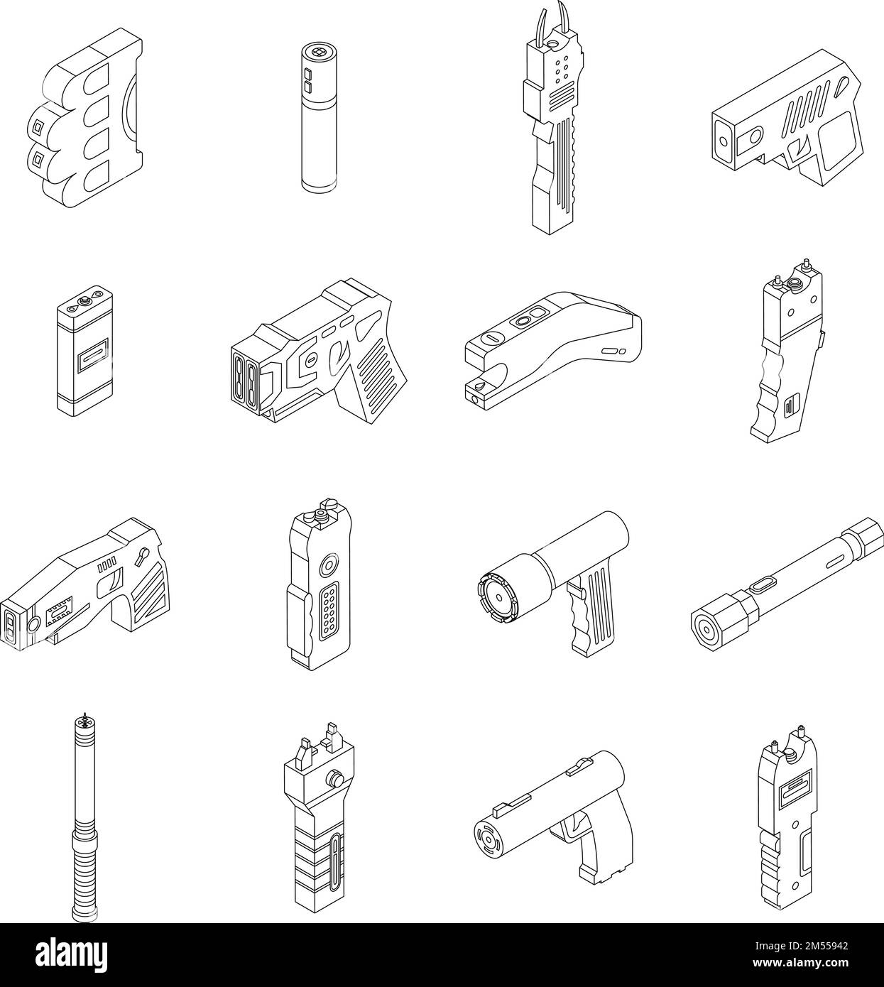 Icone Taser impostate. Set isometrico di icone vettoriali di gomma per il web design isolato su sfondo bianco Illustrazione Vettoriale