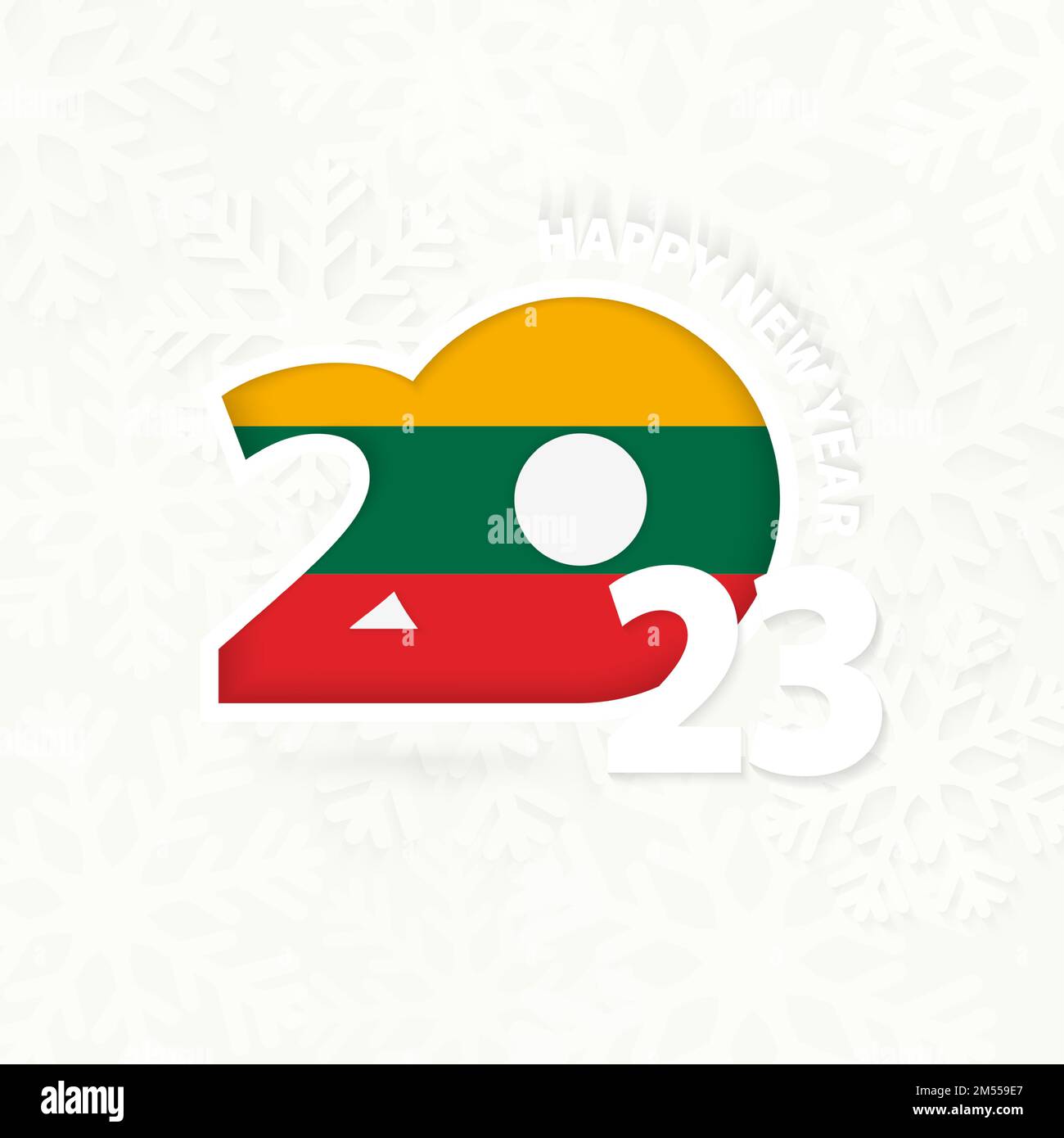 Capodanno 2023 per la Lituania su sfondo fiocco di neve. Saluto la Lituania con il nuovo 2023° anno. Illustrazione Vettoriale