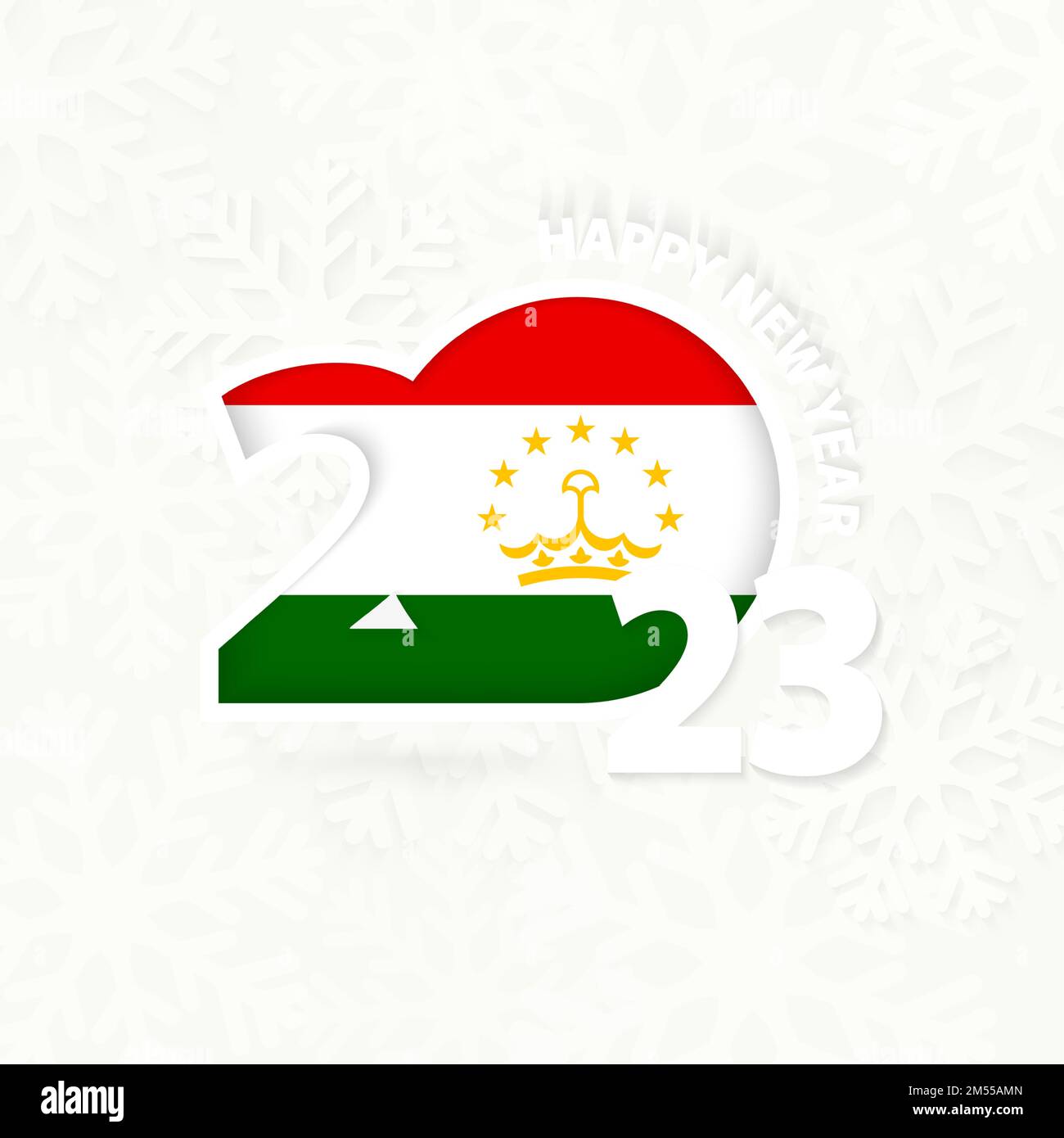 Capodanno 2023 per il Tagikistan su sfondo fiocco di neve. Saluto il Tagikistan con il nuovo 2023° anno. Illustrazione Vettoriale