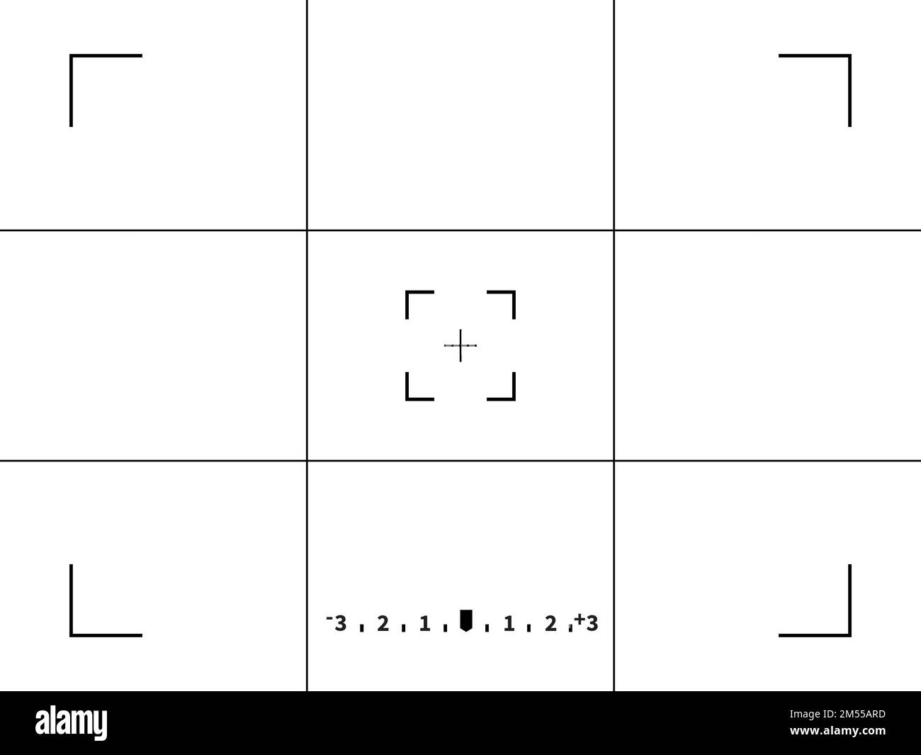 Schermo di messa a fuoco del mirino della fotocamera. Il modello bianco vettoriale dei terzi della fotocamera del mirino ha causato la registrazione. Illustrazione Vettoriale