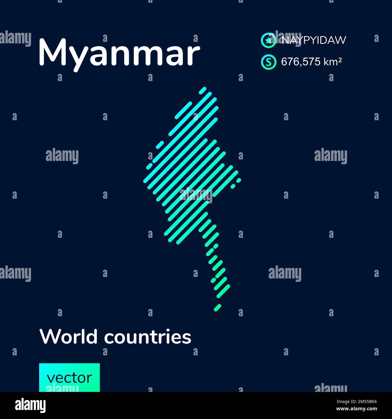 Vettore creativo digitale neon linea piatta arte astratta semplice mappa di Myanmar con verde, menta, turchese a righe texture su sfondo blu scuro. Educati Illustrazione Vettoriale