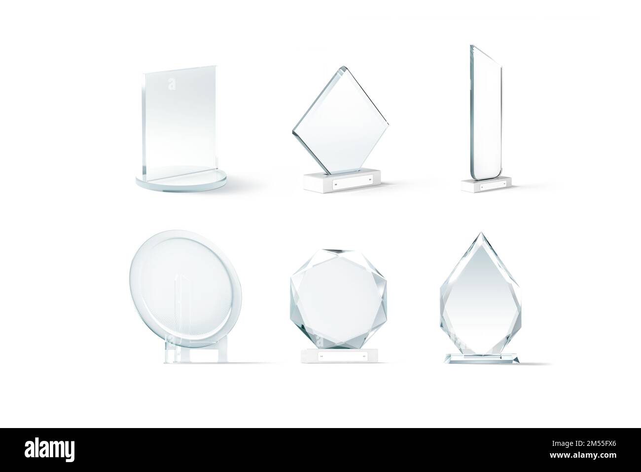 Trofei premio in vetro vuoto mockup, diversi tipi, rendering 3D. Diploma di cristallo vuoto, rombo, manhattan, piastra, freccia, premi round mock up, isola Foto Stock