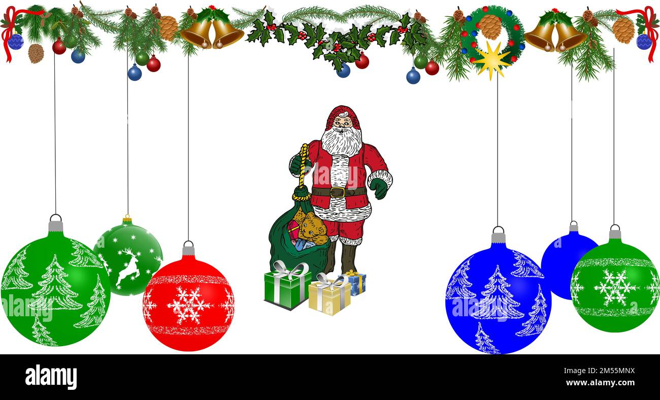 Carte avec boules décorées, Père Noël, cadeaux, bannière de branches de sapins, étoiles, cloches et cône de pin Foto Stock