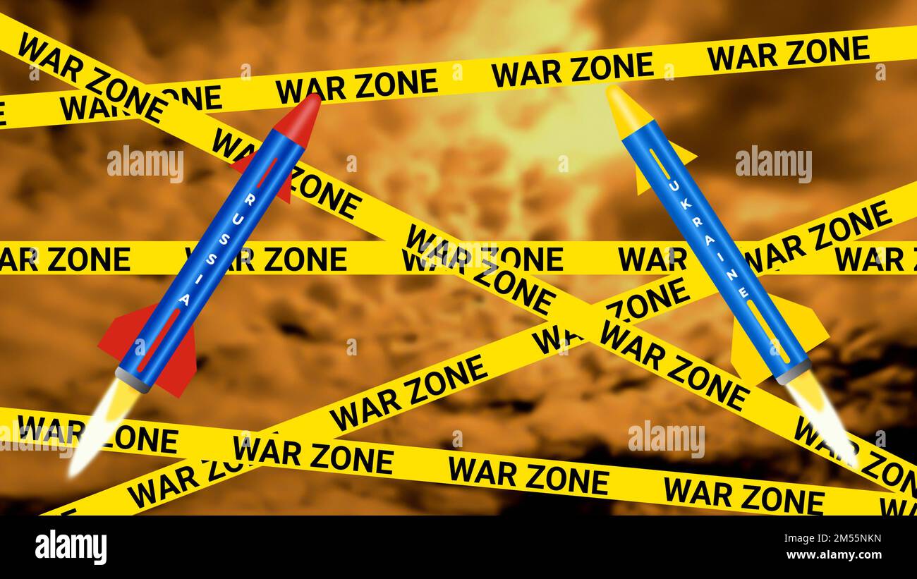 Ucraina e missile russo su sfondo di guerra oscuro e sfocato. Russia vs Ucraina concetto di guerra. Foto Stock