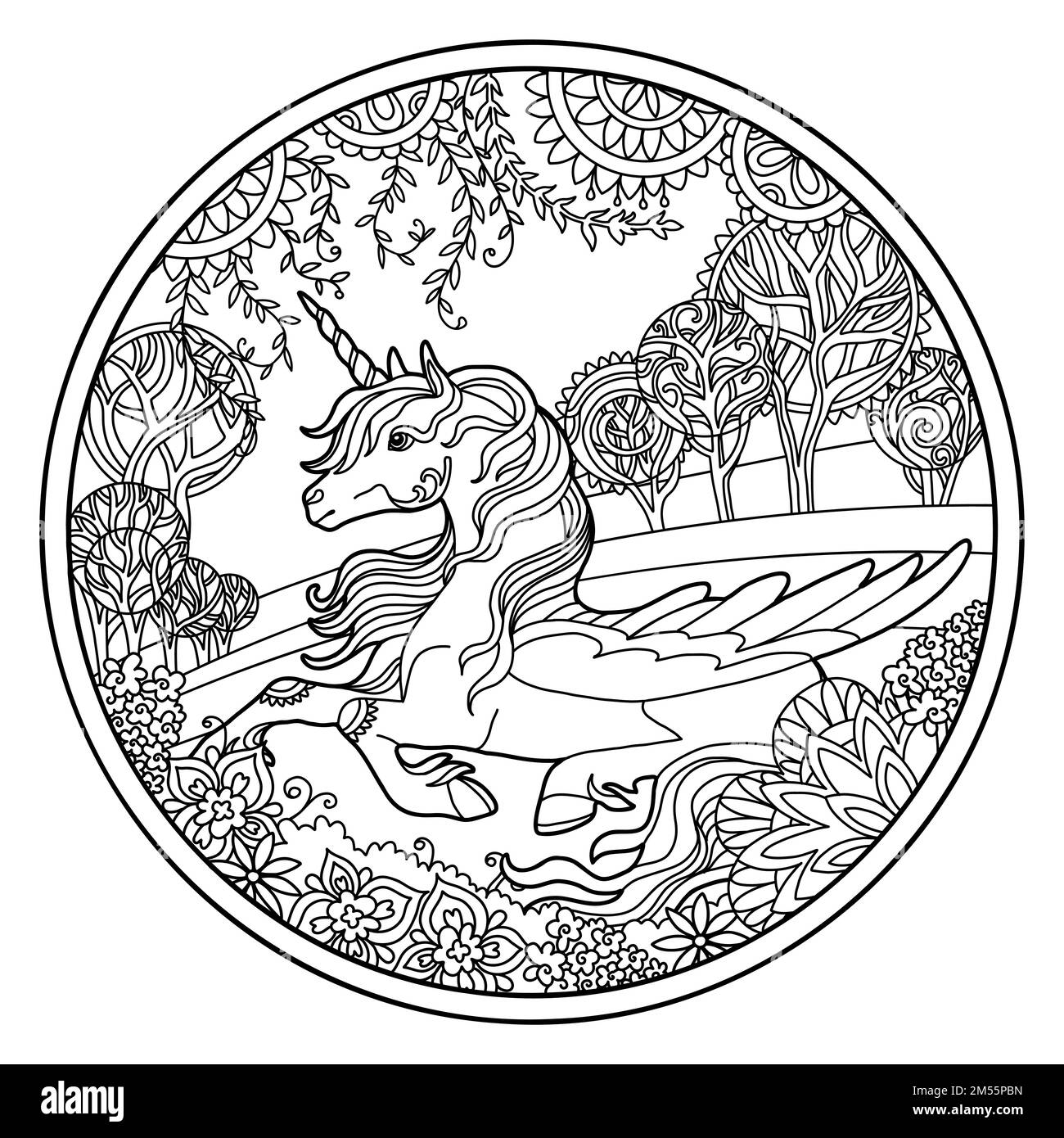 Unicorno sdraiato con ali in forma rotonda con cornice floreale. Disegno cavallo magico per colorare libro, camicia design, puzzle, stampa, arredamento. Vettore illus stilizzato Illustrazione Vettoriale