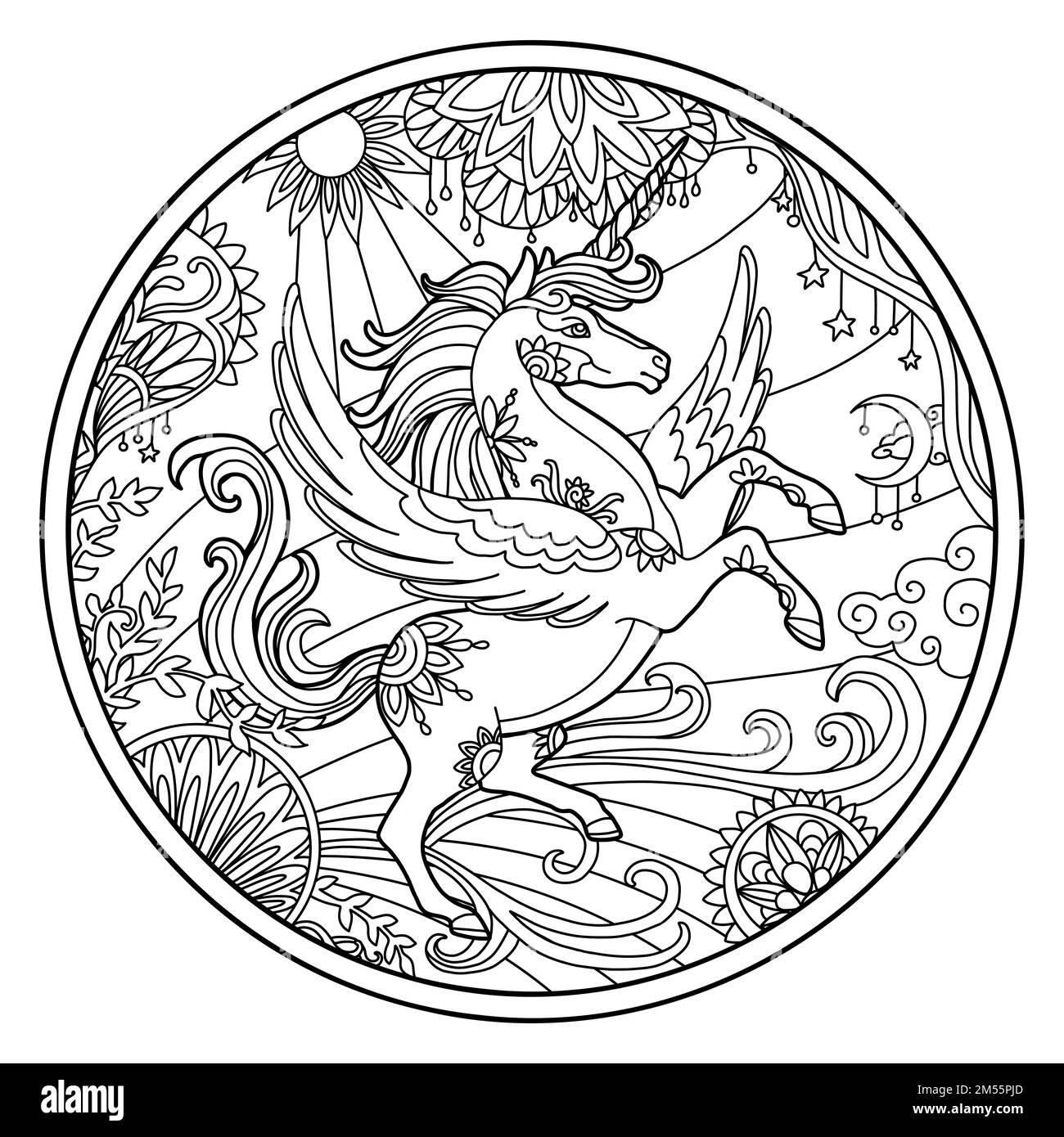Unicorno con ali a forma rotonda con cornice floreale. Disegno a mano cavallo magico per colorare libro, camicia design, puzzle, stampa, decorazione. Illust vettoriale stilizzato Illustrazione Vettoriale