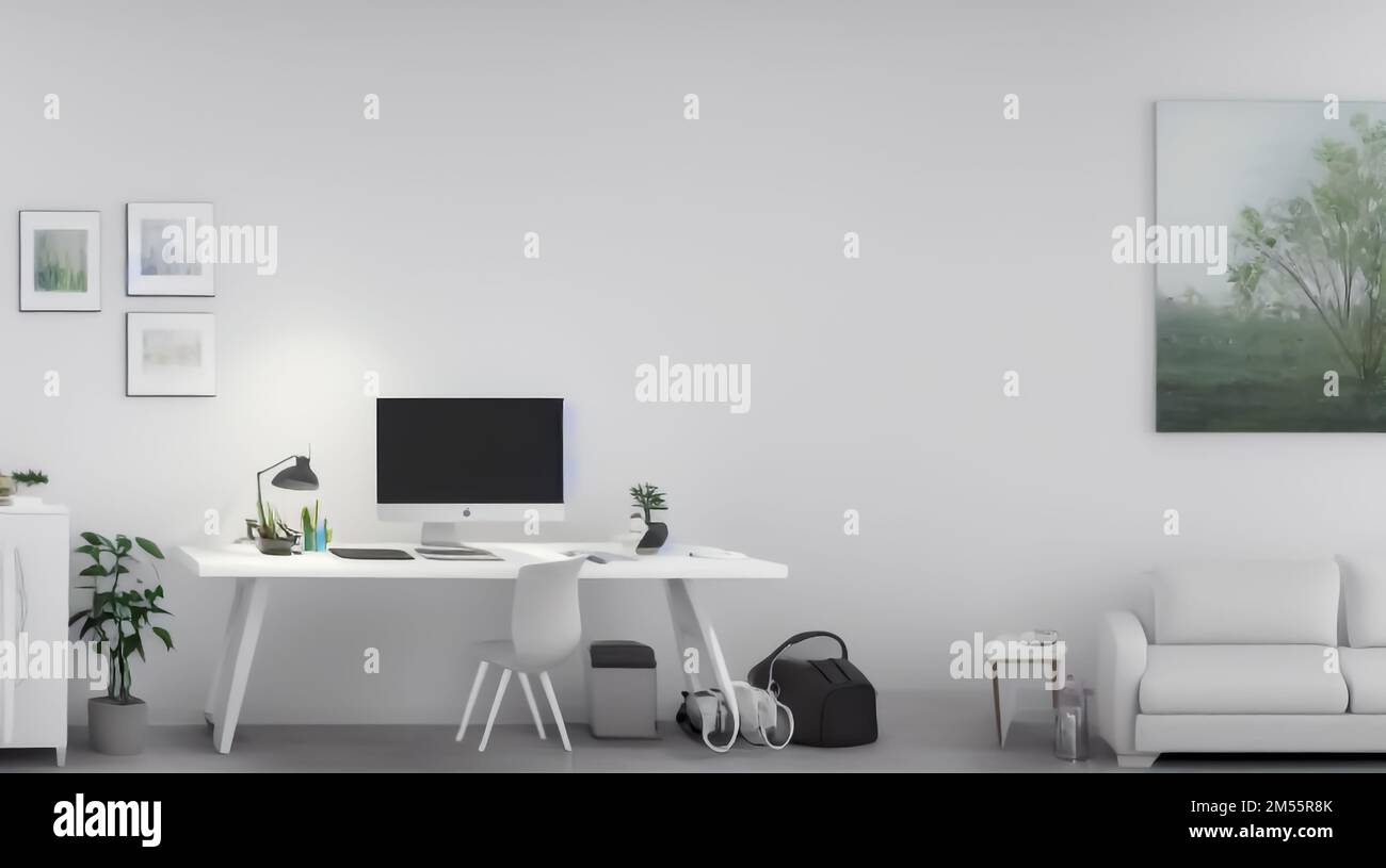 Un interno di ufficio con computer e mobili in ambiente minimalista Foto Stock