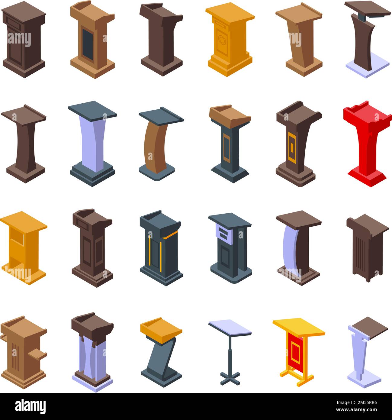Le icone Tribune impostano il vettore isometrico. Podio in legno. Tappa pulpito Illustrazione Vettoriale