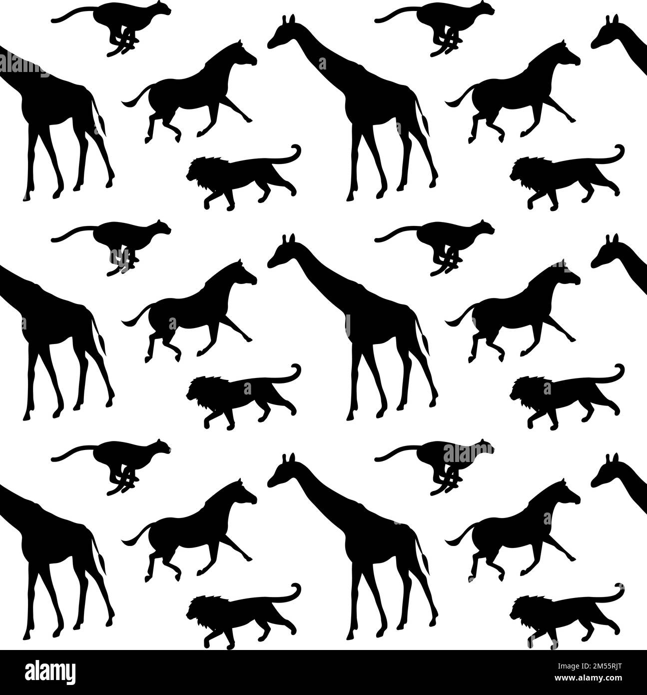 Modello vettoriale senza cuciture di animali africani piani disegnati a mano silhouette isolata su sfondo bianco Illustrazione Vettoriale