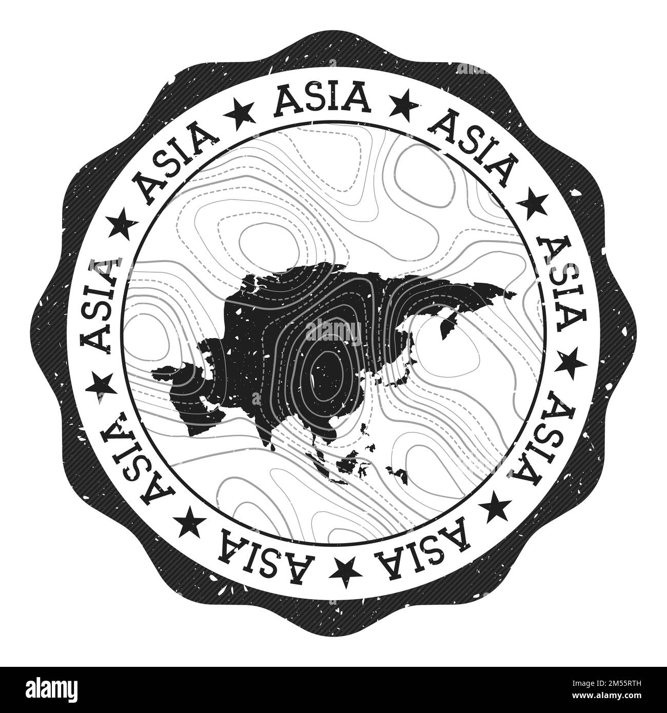 Francobollo per esterni in Asia. Adesivo rotondo con mappa del continente con isolini topografici. Illustrazione vettoriale. Può essere utilizzato come insegna, logotipo, etichetta, stic Illustrazione Vettoriale