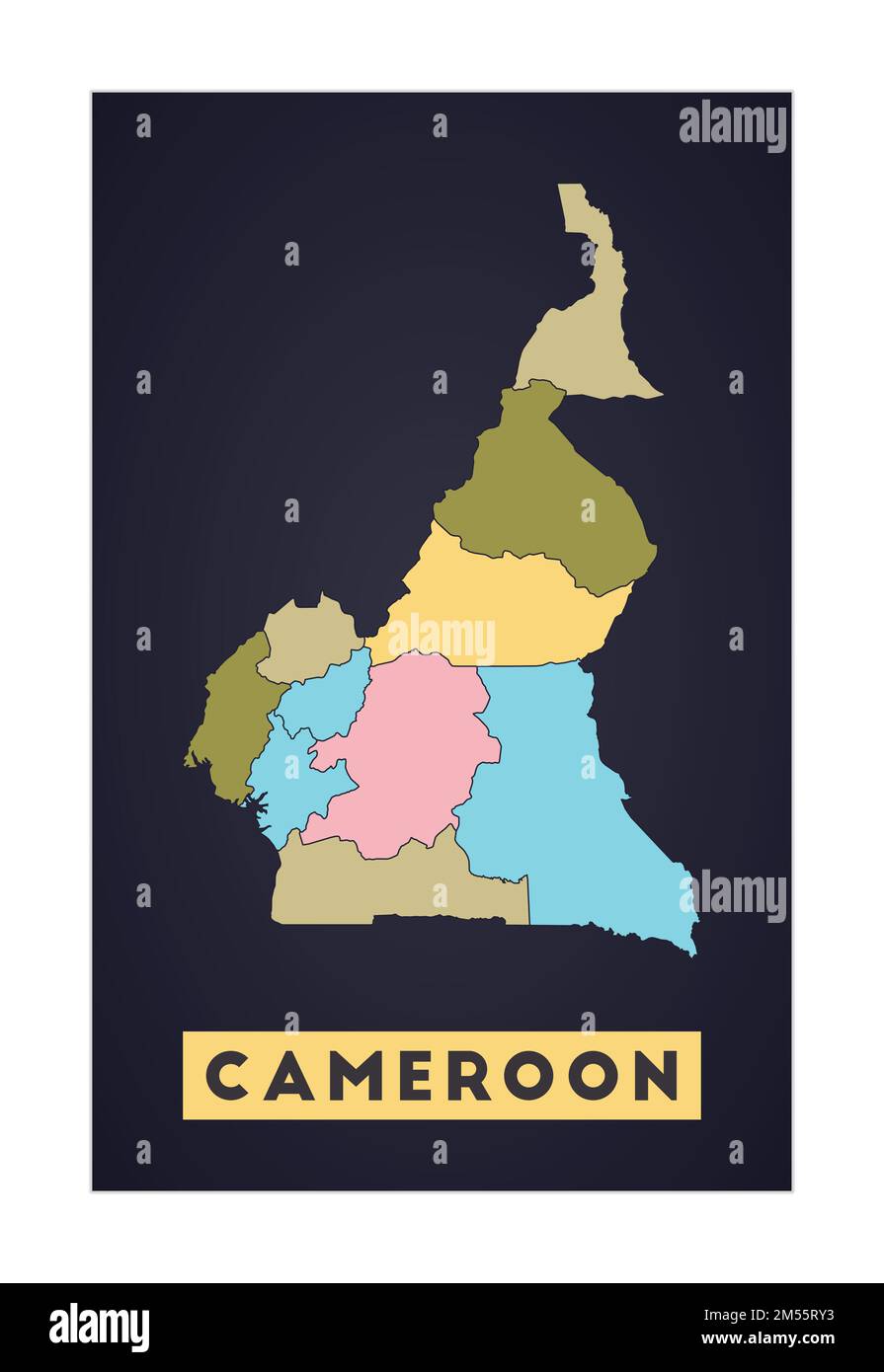 Mappa del Camerun. Poster del paese con le regioni. Forma del Camerun con il nome del paese. Elegante illustrazione vettoriale. Illustrazione Vettoriale