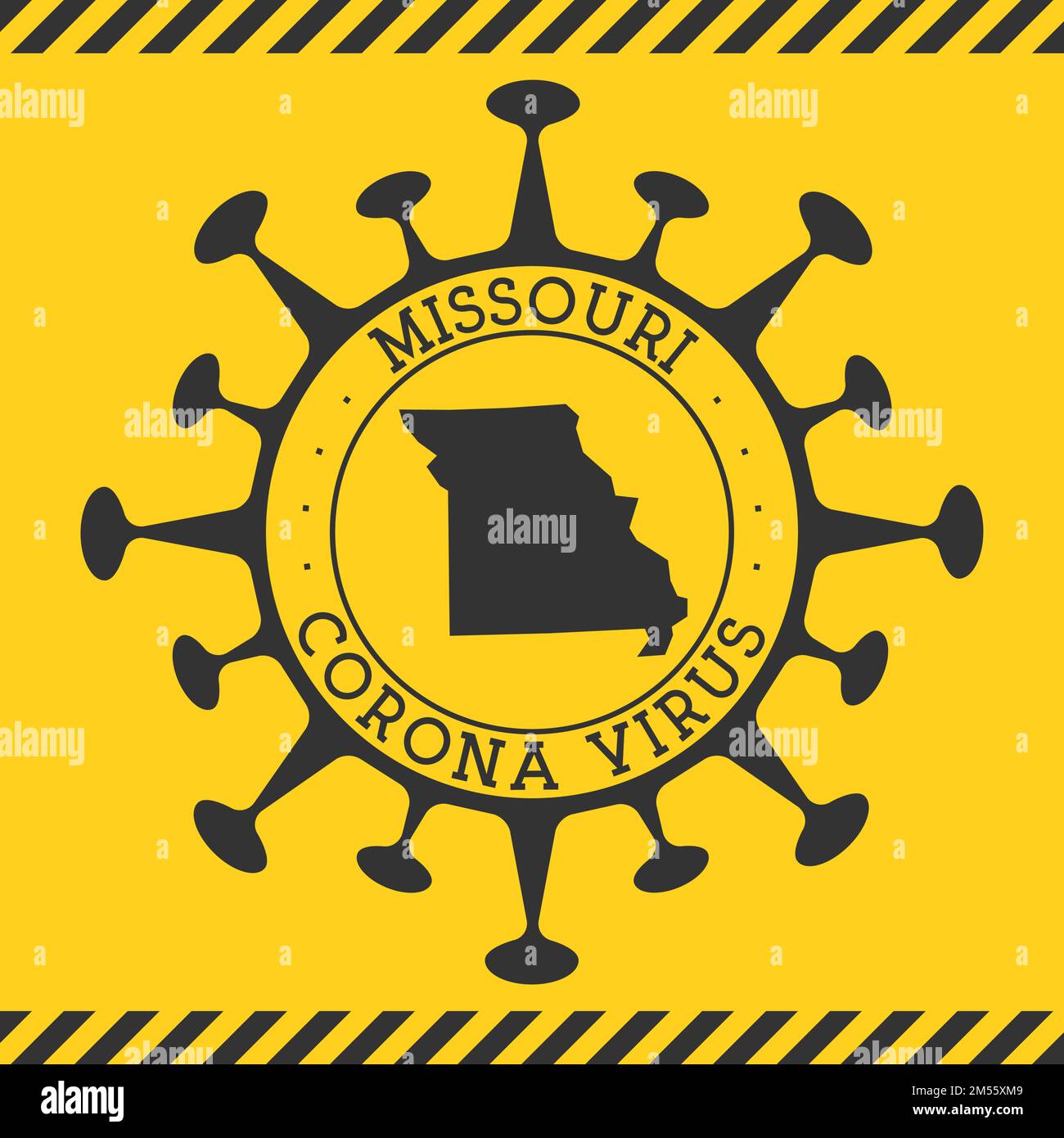 Virus Corona nel Missouri segno. Badge rotondo con forma di virus e mappa del Missouri. Giallo US stato epidemia bloccare il timbro. Illustrazione vettoriale. Illustrazione Vettoriale